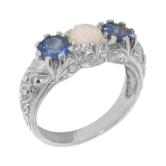 LBG British Made 925 Sterling Silver Natural Opal & Sapphire Womens Anniversary Ring - 33 size options - Size 10