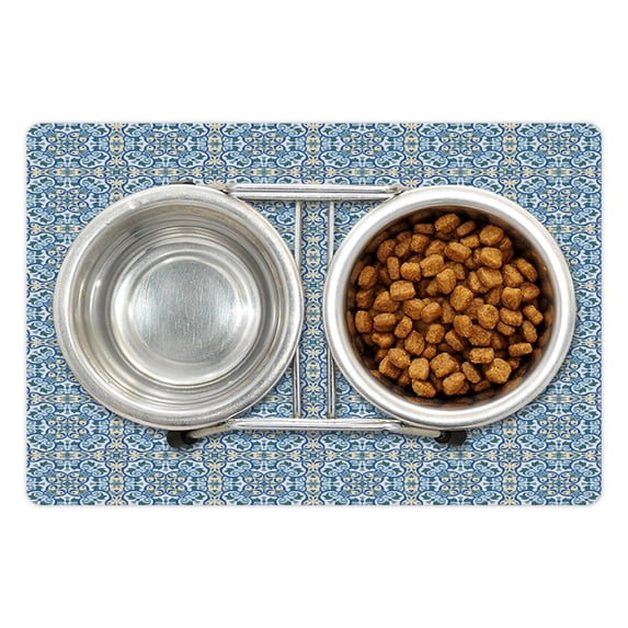 Vintage Pet Mat for Food and Water, Curvy Circular Repeating Floral Motifs Abstract Hand Tile Pattern, Non-Slip Rubber Mat for Dogs and Cats, 18" X 12", by Ambesonne