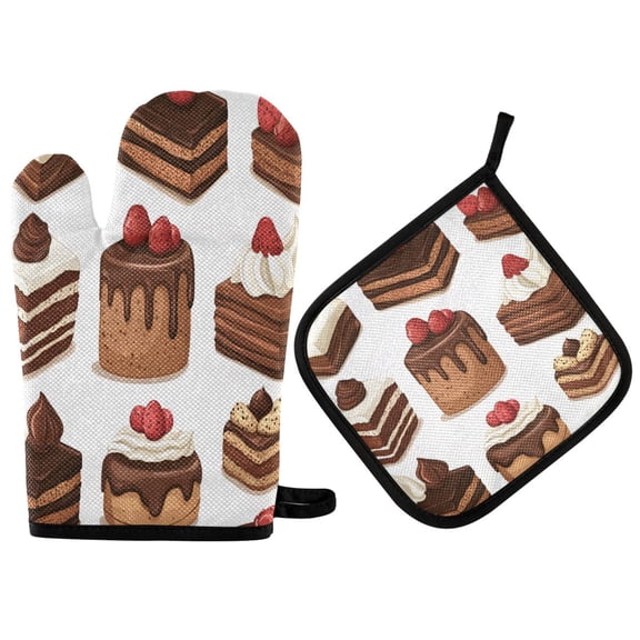 Yayeee Oven Mitts and Pot Holder Set of 2 Heat Resistant Kitchen Gloves Baking Hot Pad, White Sweet Cakes