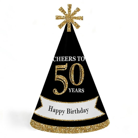 Big Dot of Happiness Adult 50th Birthday - Gold - Cone Birthday Party Hats for Adults - Set of 8 (Standard Size)