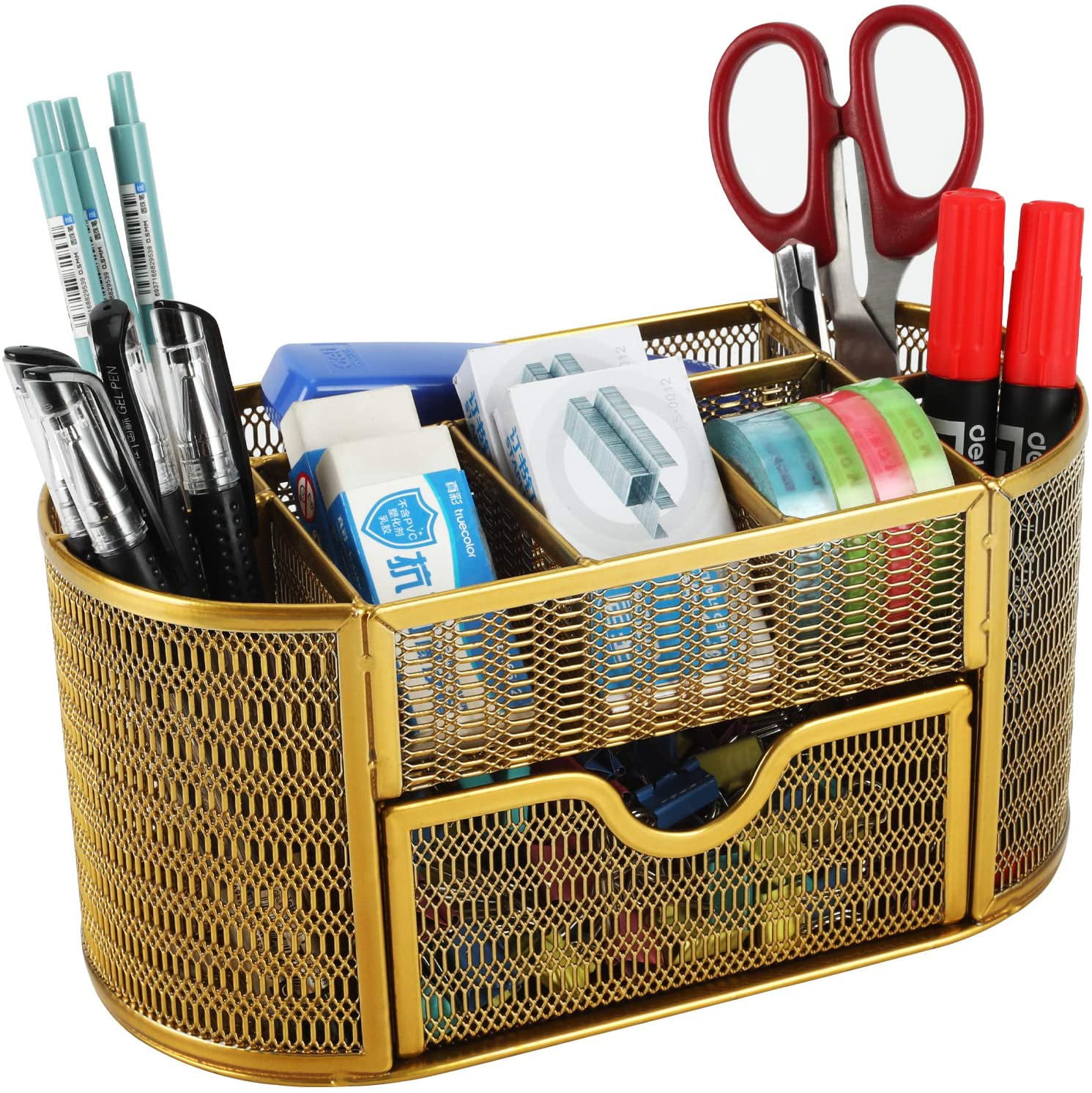 Home Mesh Desk Organizer School Refand Desktop Office Supplies Multi-Functional Caddy Pen Holder Stationery with 6 Compartments and 1 Drawer for Office Classroom 