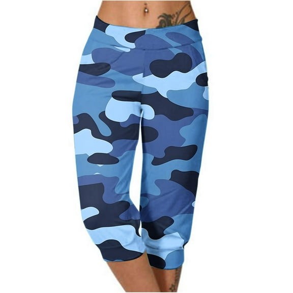 Capri Sweatpants for Women Summer Casual Outdoor Pull-Up Camo Print Joggers Trousers with Pocket Wide Leg Workout Pants, Multicolor, XXXL