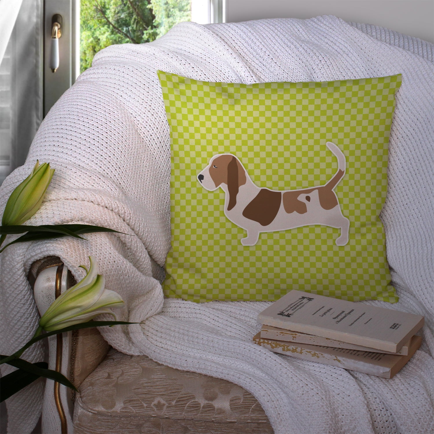 Carolines Treasures Basset Hound Checkerboard Green Fabric Decorative Pillow 14Hx14W multicolor