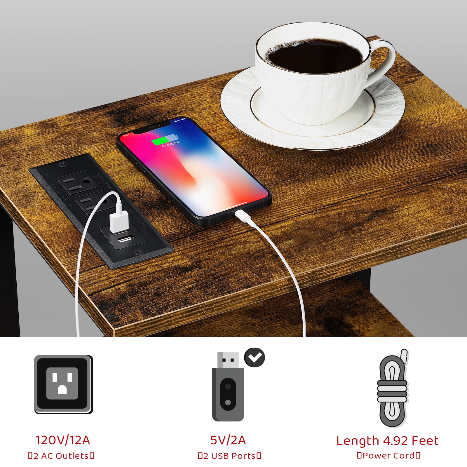 Industrial Nightstand with Charging Station, 3鈥慣ier Open Shelf End Table with 2 AC Outlets & 2 USB Ports, Single Pack
