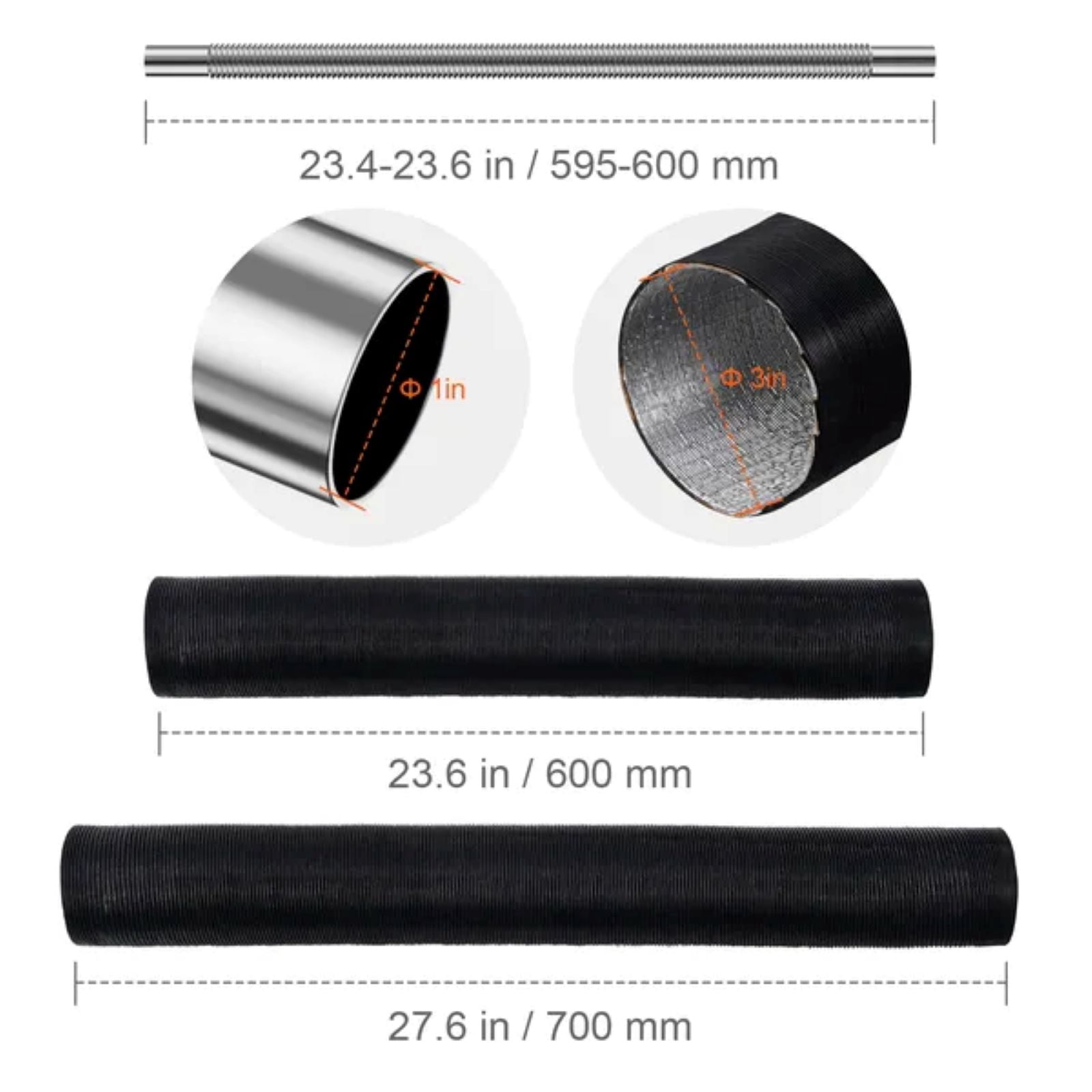 Diesel Heater Pipe Ducting Set, 3" Extendable Air Duct Hose, 1" Stainless Steel Exhaust Pipe, 2 Air Vents, Tee Air Outlet Connector and Hose Clamps, for 5KW/8KW Diesel Parking Heaters