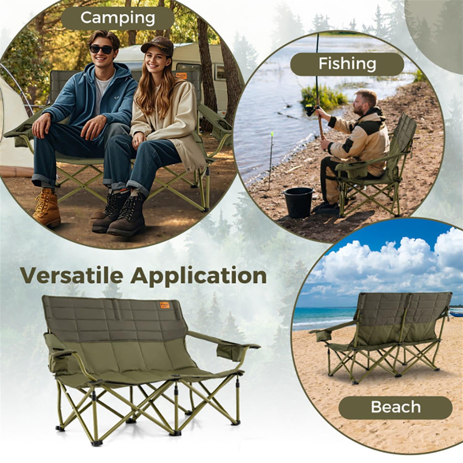 Demi Bonn Outdoor Oversized Camping Chair with Cup Holders and Thick Padding, Folding Loveseat Camping Couch for Yard, Garden, Patio, Green