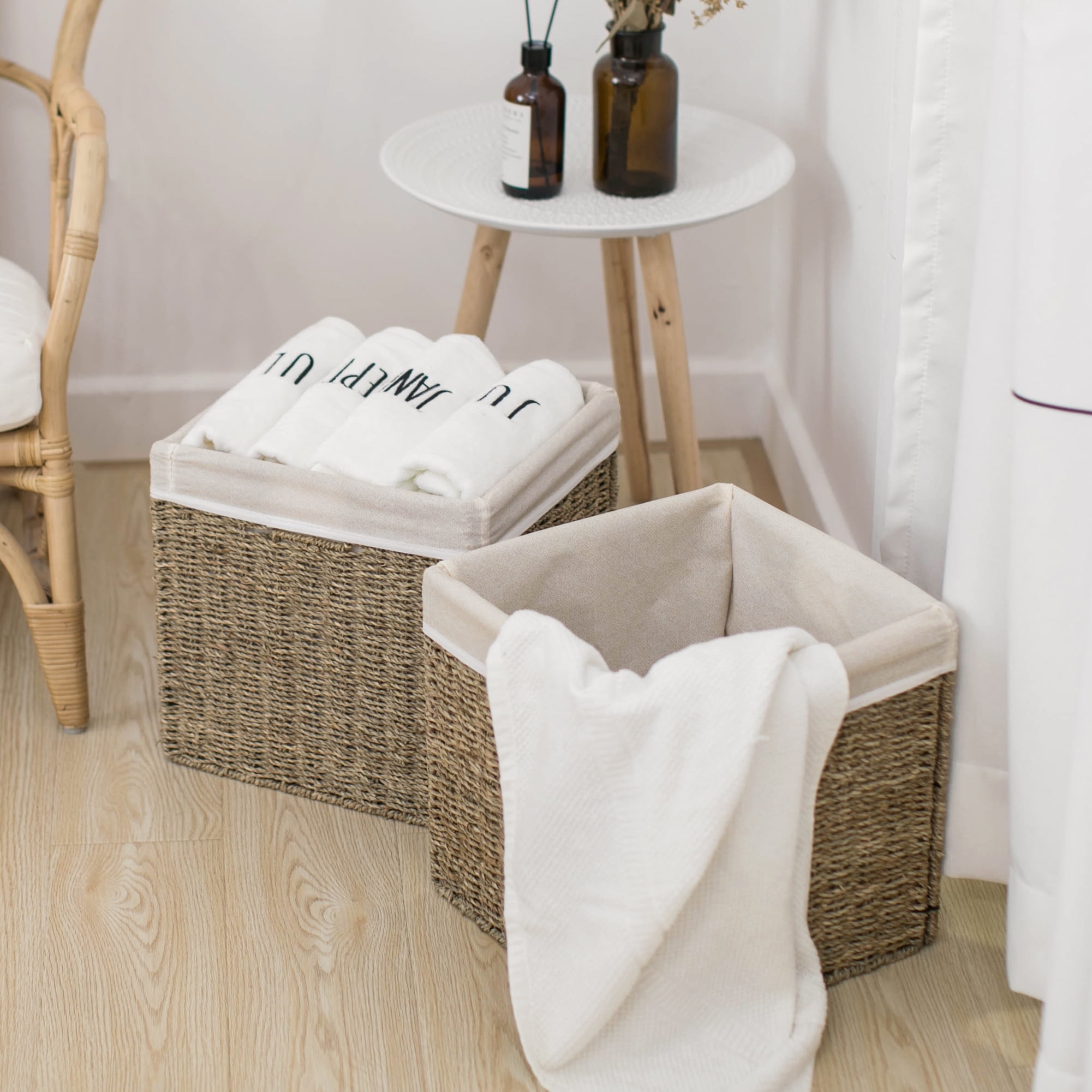 StorageWorks Natural Seagrass Storage Basket, Wicker Woven Storage Baskets with Liners, 2-Pack, Medium, 10.2"x10.2"x10.6