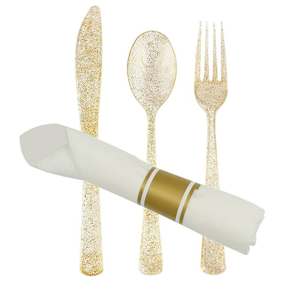 GOOHOCHY Golden Cutlery Tableware Set for Party Use Made of Paper and Plastic 1 Set