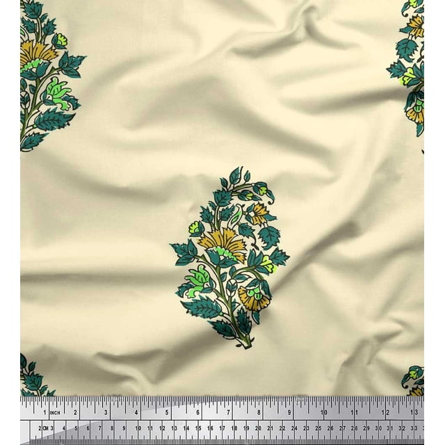 Soimoi Rayon Fabric Leaves & Floral Block Decor Fabric Printed Yard 56 Inch Wide