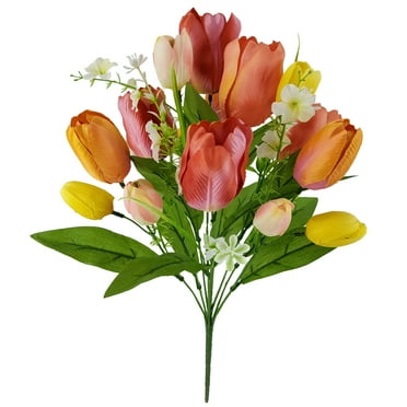Mainstays 18in Indoor Artificial Red Orange Tulip Bush, Red Color.