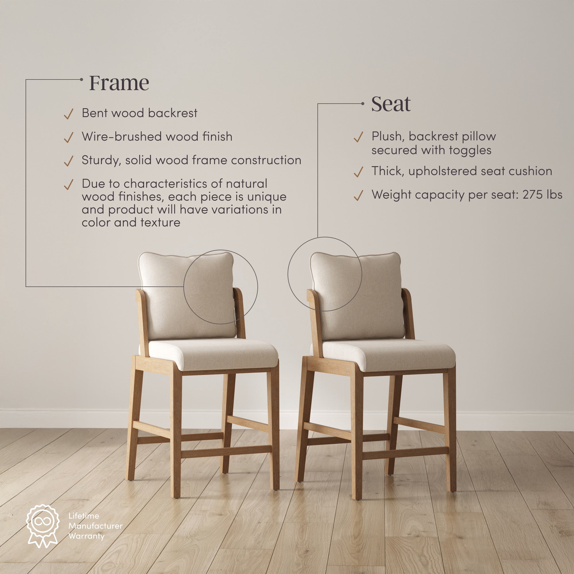 Nathan James Chuck Scandinavian 2-Pack Natural Flax Upholstered Bar Stools, Solid Wood Bar Stools with Back and Backrest Pillow, Flax/Light Brown