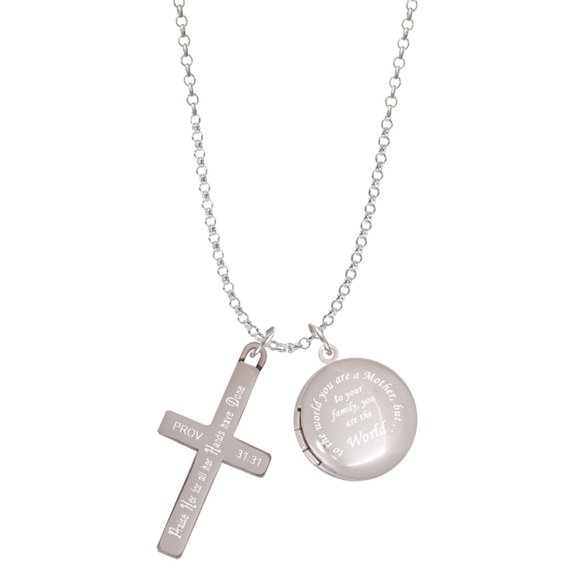 Delight Jewelry Stainless Steel Proverbs 31:31 - Praise Her Engraved Cross - To the World You are a Mother Locket Necklace