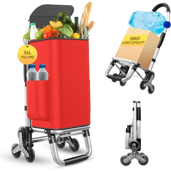 Heavy Duty 3 in 1 Foldable Shopping Cart with 6 Wheels 110 lbs Capacity Portable Utility Dolly Waterproof Bag Red