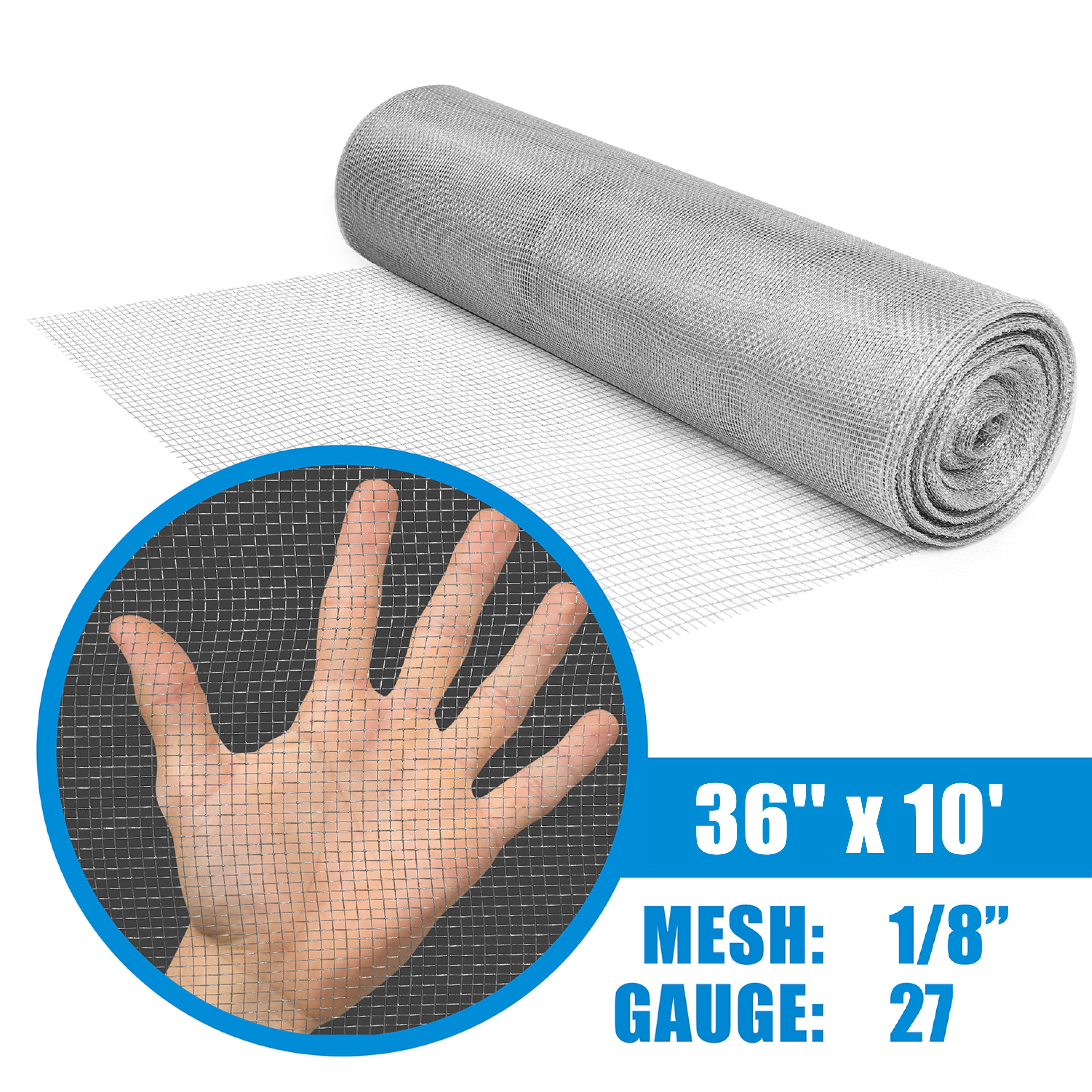 36" H x 10' L x 1/8-Inch Opening Mesh Hardware Cloth, 27 Gauge Galvanized Steel Wire Rolled Woven Fence for Bees, Wasps and Mid to Large-Sized Insects