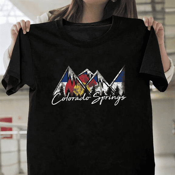 Colorado Springs Flag Mountains Graphic Travel Souvenir Unisex T-Shirt, up to size 3XL.