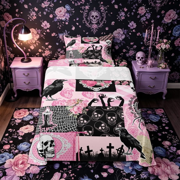 Castle Fairy Dark Coquette Skull Raven Twin Sheets 3pcs,Vintage Romantic Floral Butterfly Bedding,Pink Black,1 Fitted Sheet,1 Flat Sheet and 1 Pillowcase