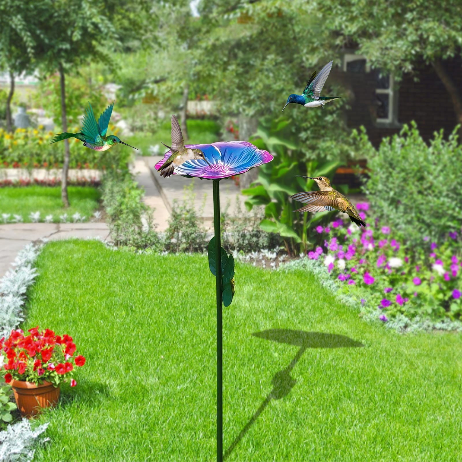 RRJ Bee Butterfly Hummingbird Water Feeder, Outdoor Metal Bird Bath Garden Decoration, Rust-Resistant Courtyard Patio Hanging Feeder for Attracting Pollinators and Wildlife