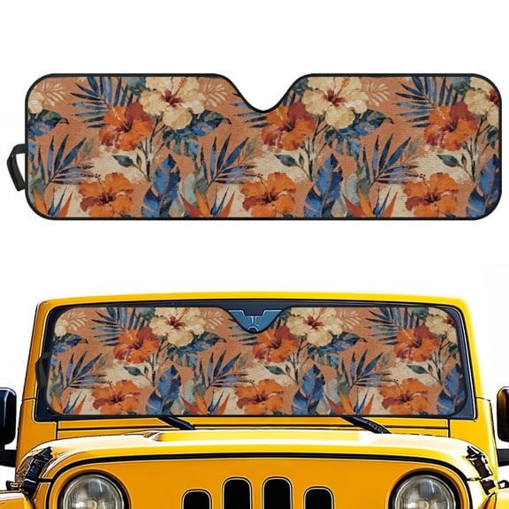 POLERO Tropical Car Windshield Sun Shade, Orange Hibiscus Flower Car Window Shades Heat Reflective Interior Cool, Universal Fit for Most Cars Off-road Vehicle SUV, Foldable & Portable Design