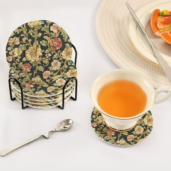 YAZAOO 6Pcs Drink Coasters With Holder 3.94Inch Vintage Floral Design Creative Coil Coaster Coasters Colors Absorbent Coasters for Drinks Coasters Set Thicken Heat for Home Table