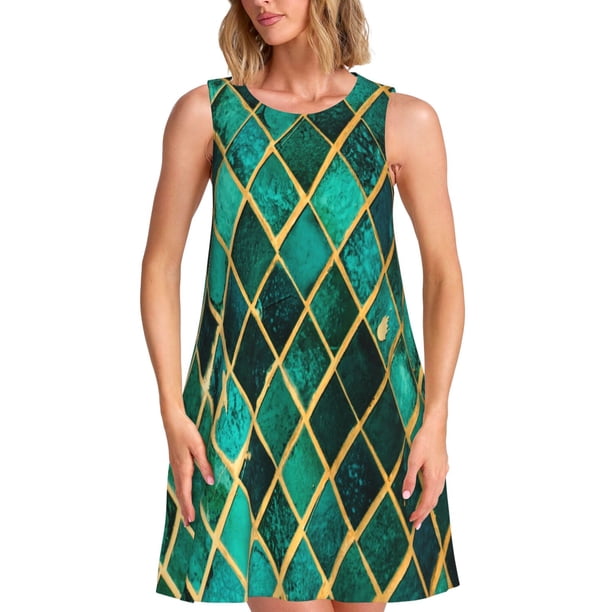 Easygdp Green Mosaic Glass para Vestido Transpirable de Mujer, Vestido Suelto de Manga Corta con Pliegues y Bolsillos para el Verano