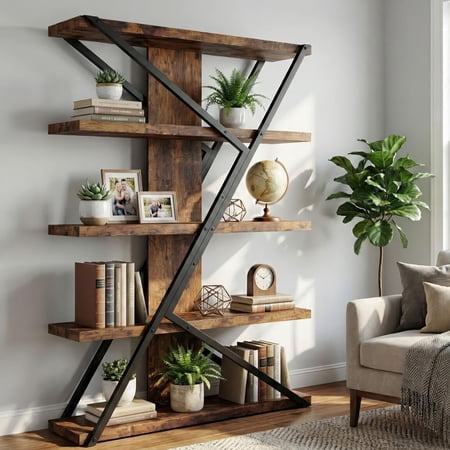 FUSUNBAO Bookshelf, Vintage 5-Tier Tall Bookcase with Wood and Metal Frame, Rustic Large Display Shelf for Home Office, 67" H x 47" L x 12" W, Rustic Brown