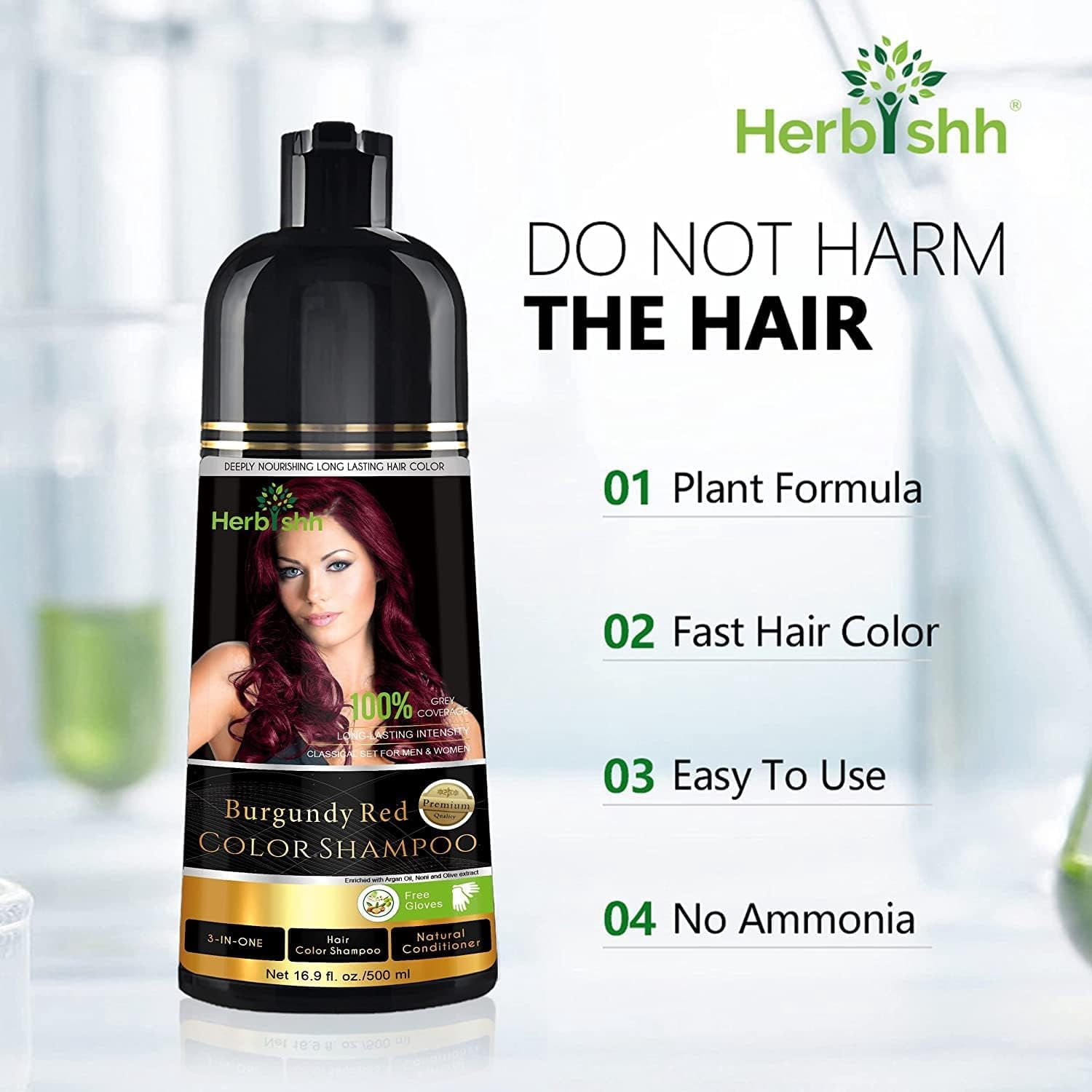 (4 pack) Herbishh Combo Pack - 2 Pc Hair Color Shampoo, Long Lasting Color, (500 ml, Burgundy) + 1 Pc Argan Hair Mask, Nourishes Dry & Frizzy Hair (150 ml)