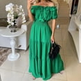 thumbnail image 7 of QUYUON Off the Shoulder Maxi Dress for Women Front Tie Knot Short Sleeve Ruffle Tiered Long Dresses Elegant Formal Elastic Waist Pleated A-Line Wedding Guest Evening Party Dress Style D-4305 Green XL, 7 of 7