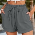 thumbnail image 2 of Pantalones casuales de verano con dobladillo con cordón, color puro, talla L, pantalones cortos con volantes y cintura elástica en gris, 2 of 5