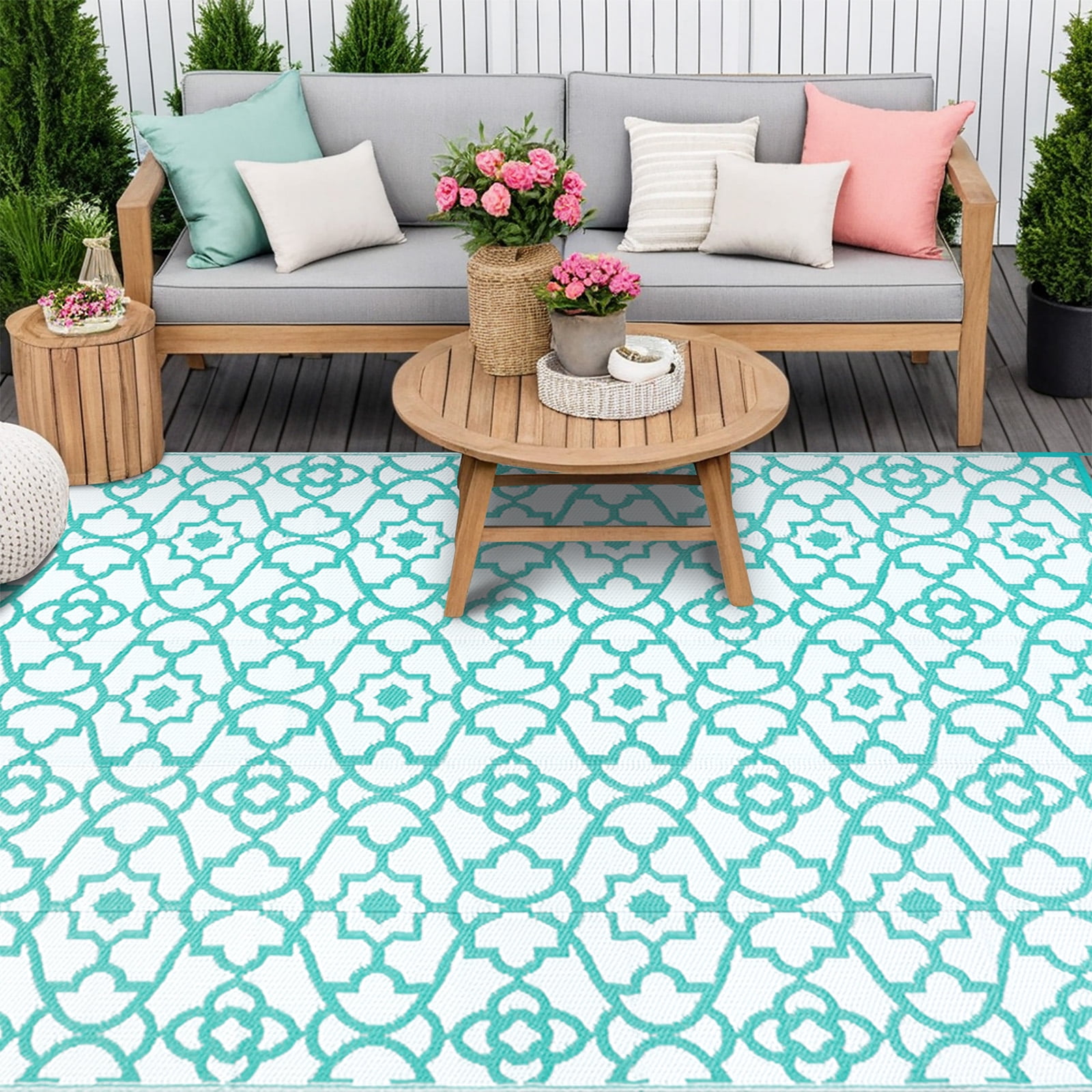 MeyJey 9'x12' Outdoor Rug, Patio Rug Waterproof RV Outdoor Rug Camping Rugs Reversible Plastic Mat for Camping, Balcony Apartment, Patio, Porch, Picnic, Beach, Aqua Blue