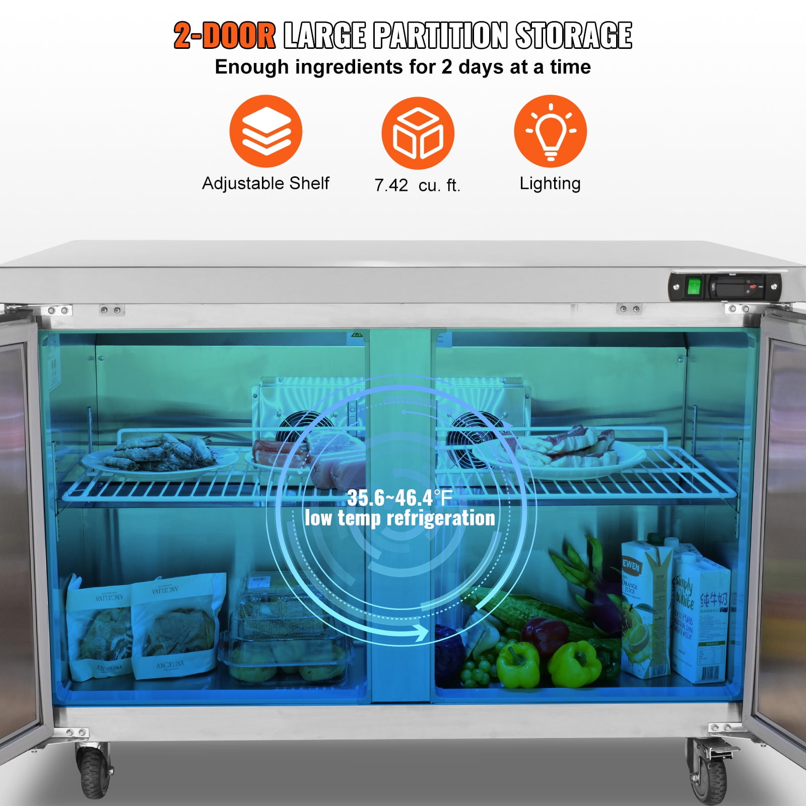 KFFKFF Commercial Undercounter Refrigerator, 48" Worktop Refrigerated Food Prep Station, 12.85 Cu. Ft Durable Stainless Steel 2-Door Fridge with Lock for Restaurants, Bars, and Diners
