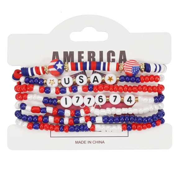 6 Pieces Fashionable Americans Flag Bead Bracelet Set Elastic Crystals Glass Designs July 4th Celebration Jewelry
