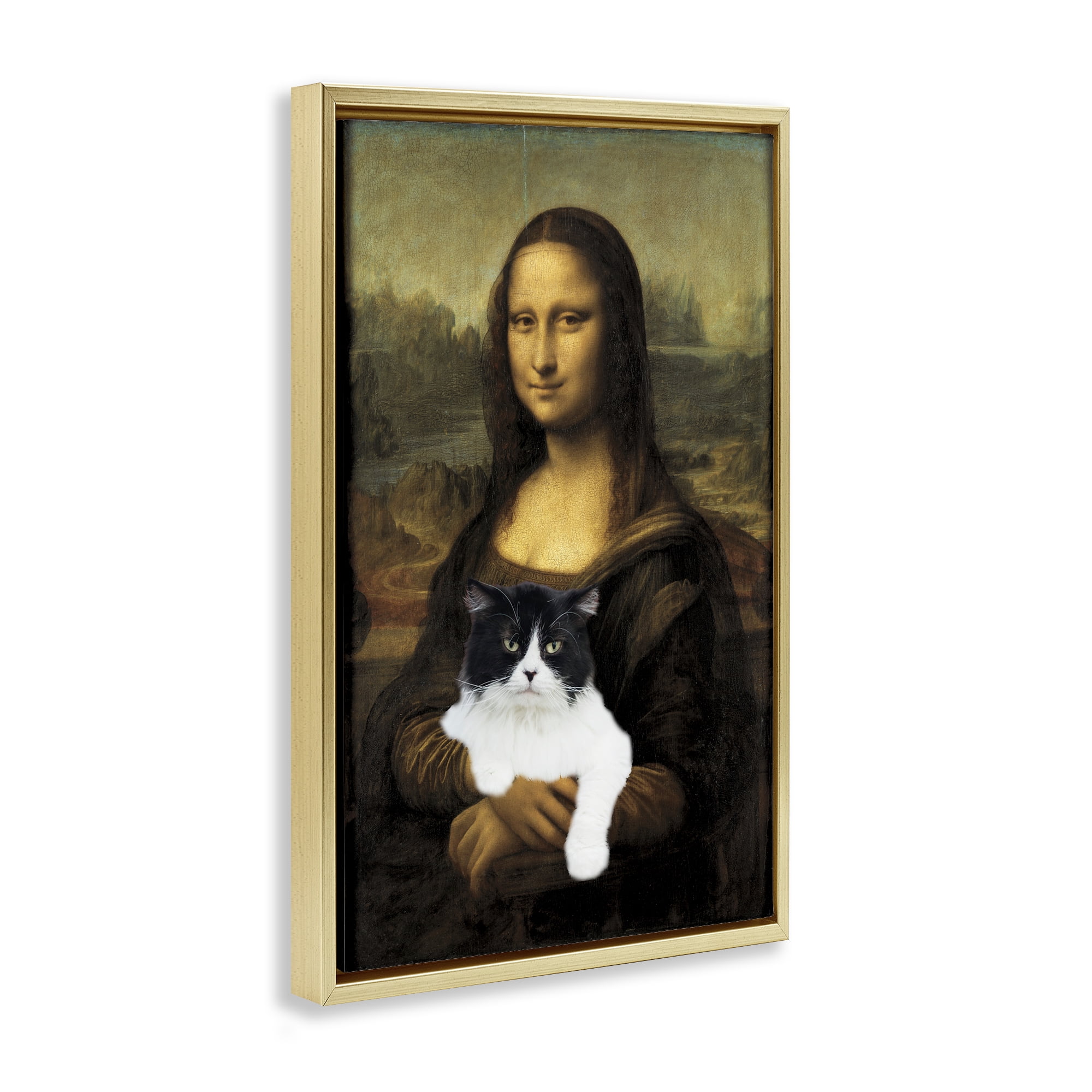 Mona Lisa Cat Lady Gold Framed Floater Canvas Wall Art, design by Masters Redux