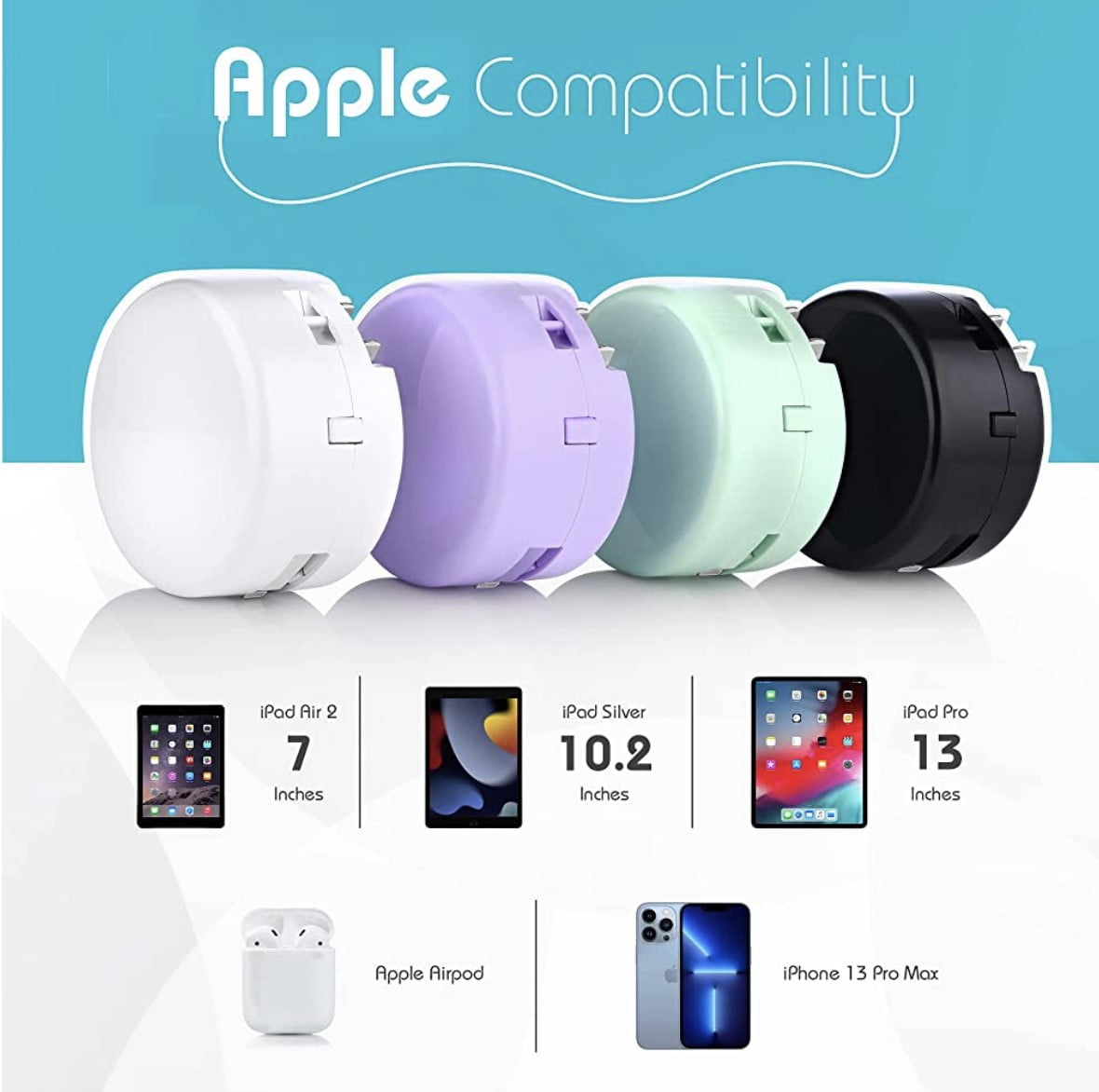 Bibicord 3-in-1 Retractable Lightning Cable, Wall Charger & Power Bank, Compatible with iPhone 14/13/12 (Mint Julep)