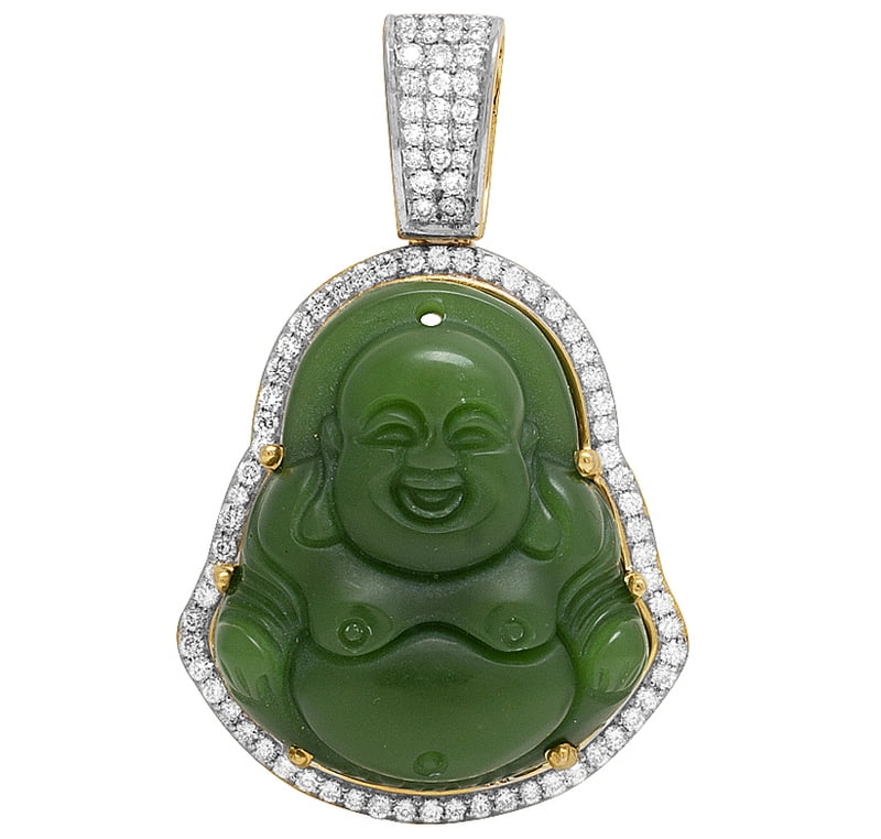 Jewelry Unlimited Real 10k Yellow Gold Genuine Diamond Synthetic Jade Buddha Pendant 1 3 8 Ct 2 Com - Real Gold Jade Buddha Pendant