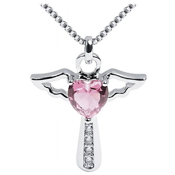Angel Birthstone Necklaces Heart Cross Necklace for Girls Kids Women Cubic Zirconia Angel Wing Birthstone Heart Charm Pendant Necklace Gifts for Valentine,Birthday