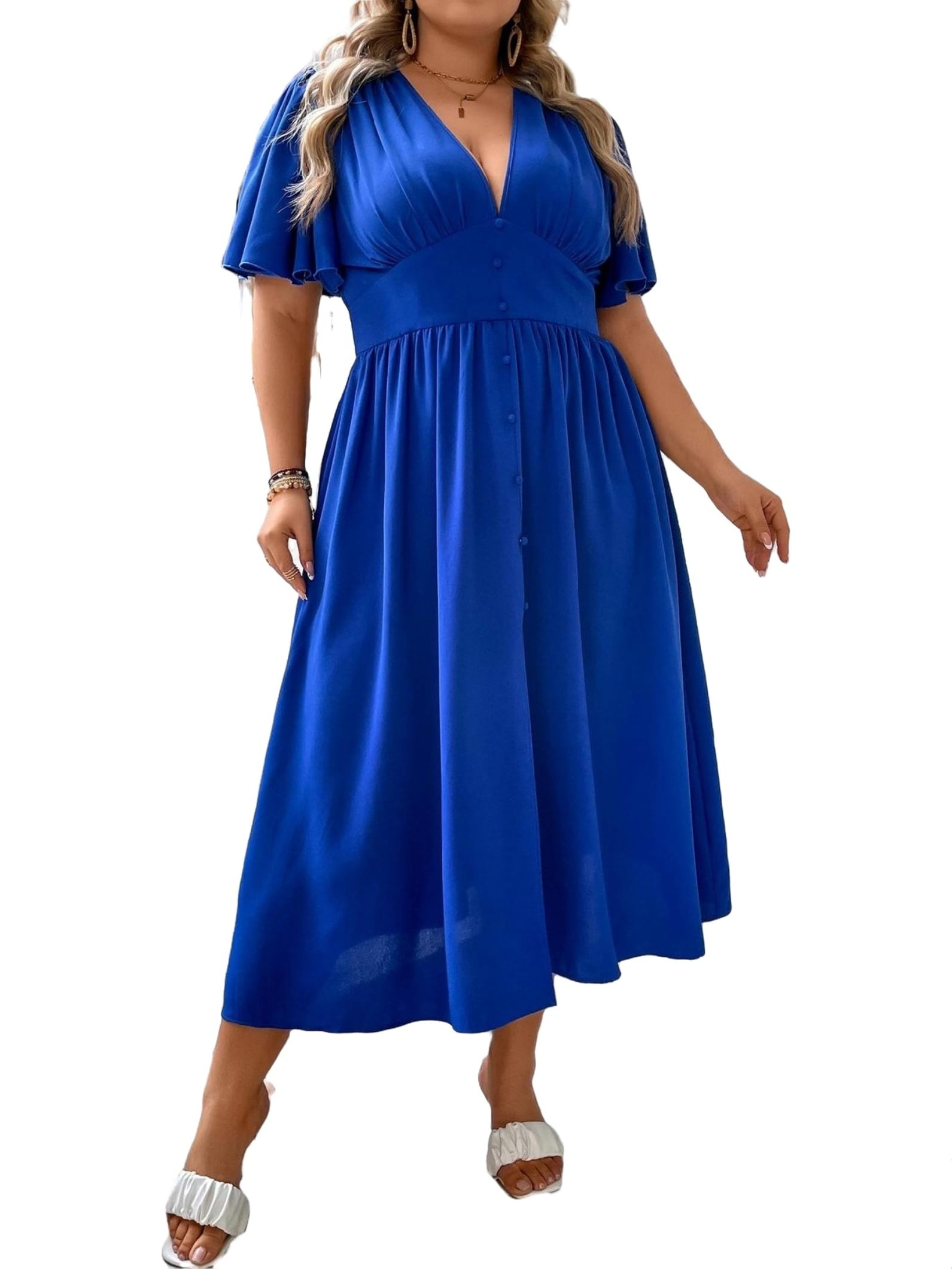 Elegant Plain Deep V Neck A Line Short Sleeve Royal Blue Plus Size Dresses Women s Plus Walmart