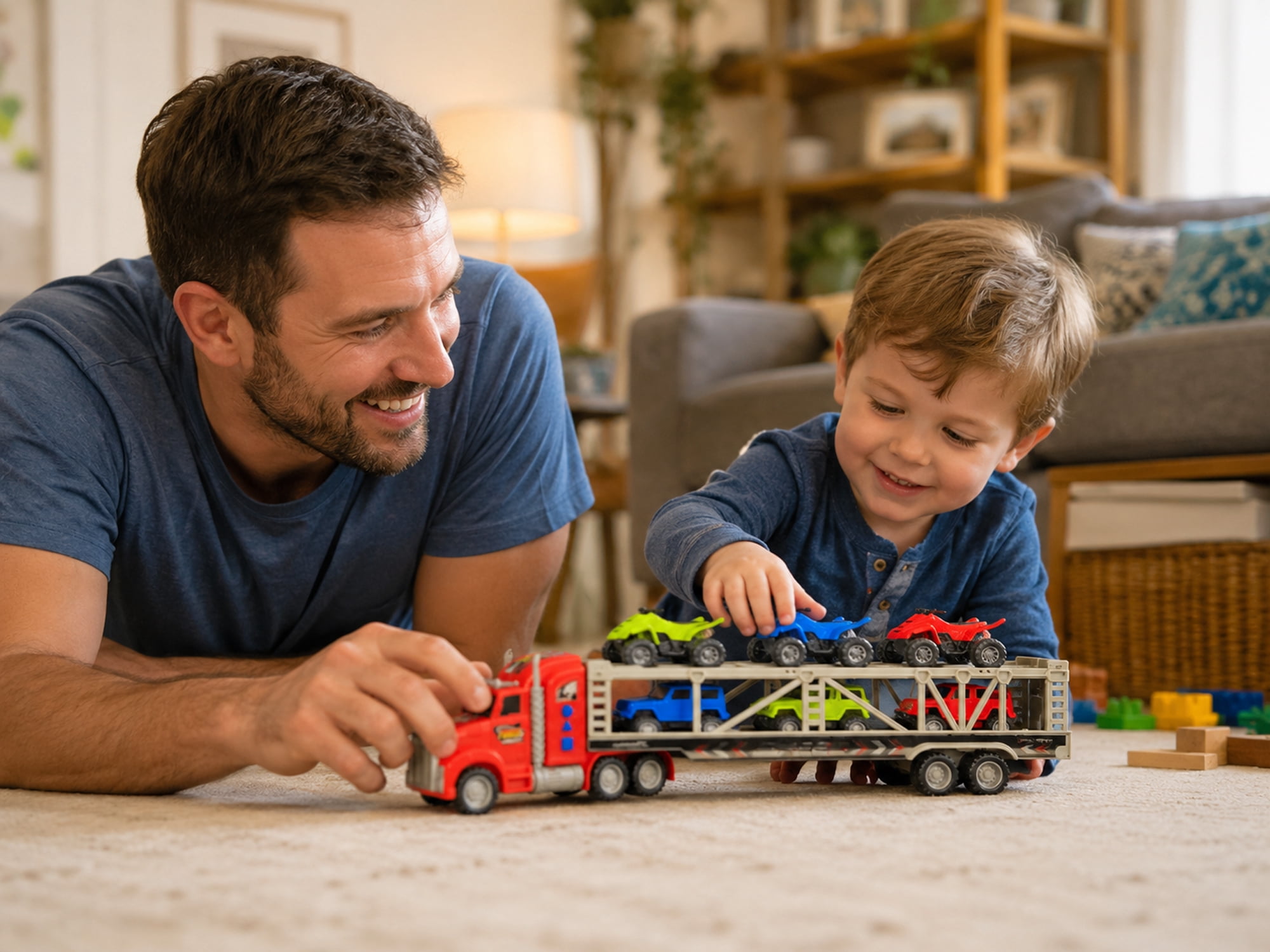 Friction Powered Toy Car Carrier Truck, 23 Inch Transport Trailer with 6 Mini Vehicles, Lights, Sounds, Opening Rear Door, Detachable Trailer