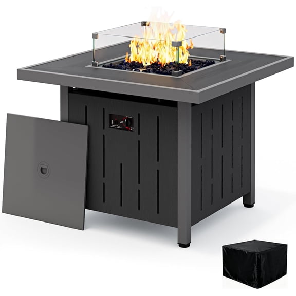 SERWALL Propane Fire Pit Table, 33 Inch Square Outdoor Fire Table with Lid, 50,000 BTU Gas Fire Pit Table with Glass Wind Guard, HDPE Outdoor Fireplace for Patio, Black