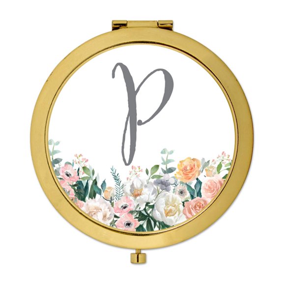 Koyal Wholesale Gold Compact Mirror Bridesmaid's Wedding Gift, Peach Flower Florals on White, Monogram Letter P, 1-Pack
