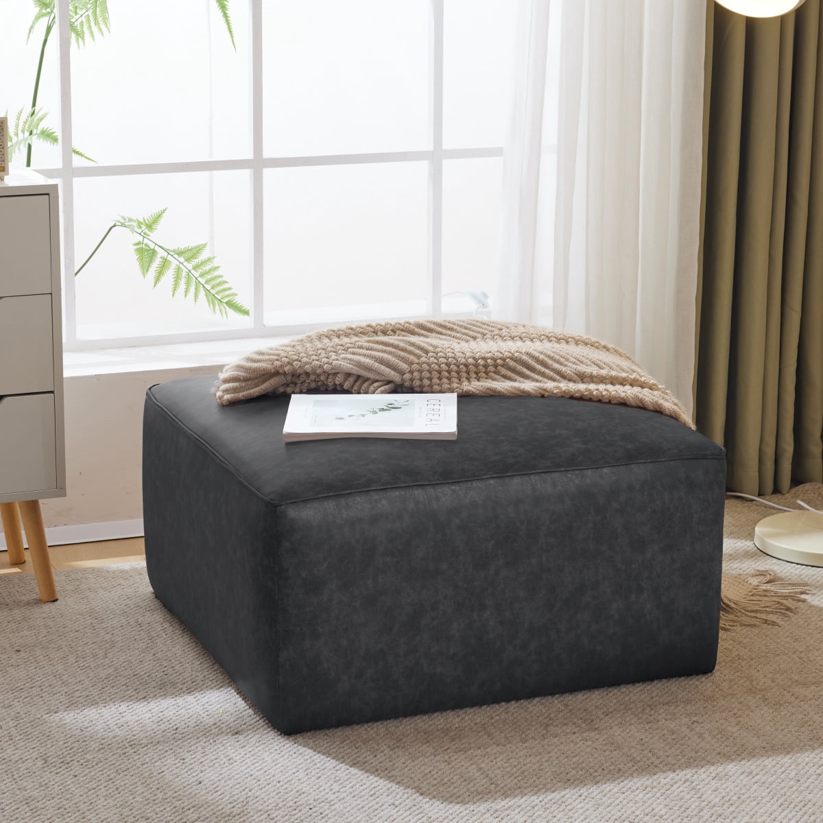 Upholstered Square PU Leather Ottoman, Black