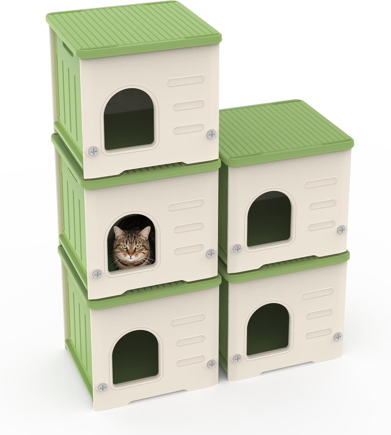 Plastic Cat House for Outdoor Indoor Use, Stackable Feral Cat Shelter Indoor Cat House Weatherproof Waterproof Elevated (Green)
