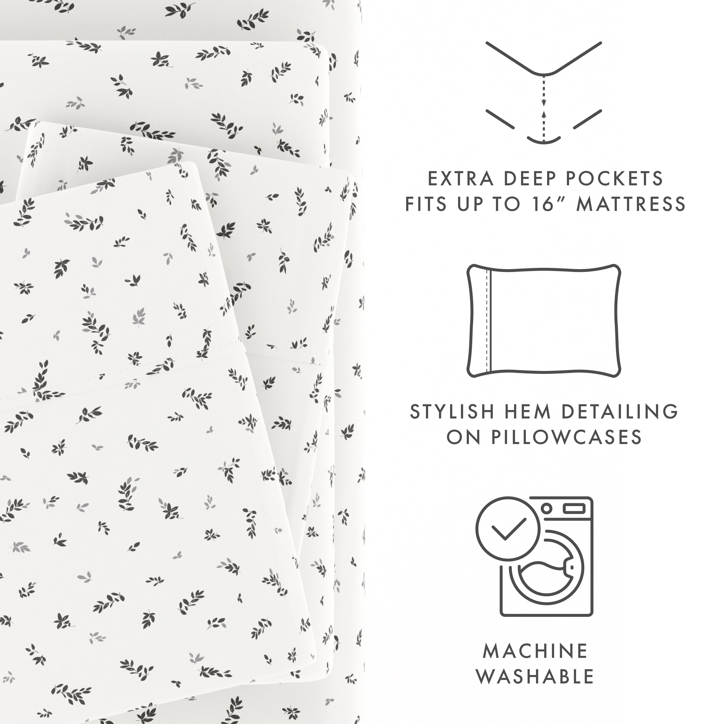 Noble Linens 4 Piece Pattern Microfiber Bed Sheets Set, Light Gray Spotted Leaves, King