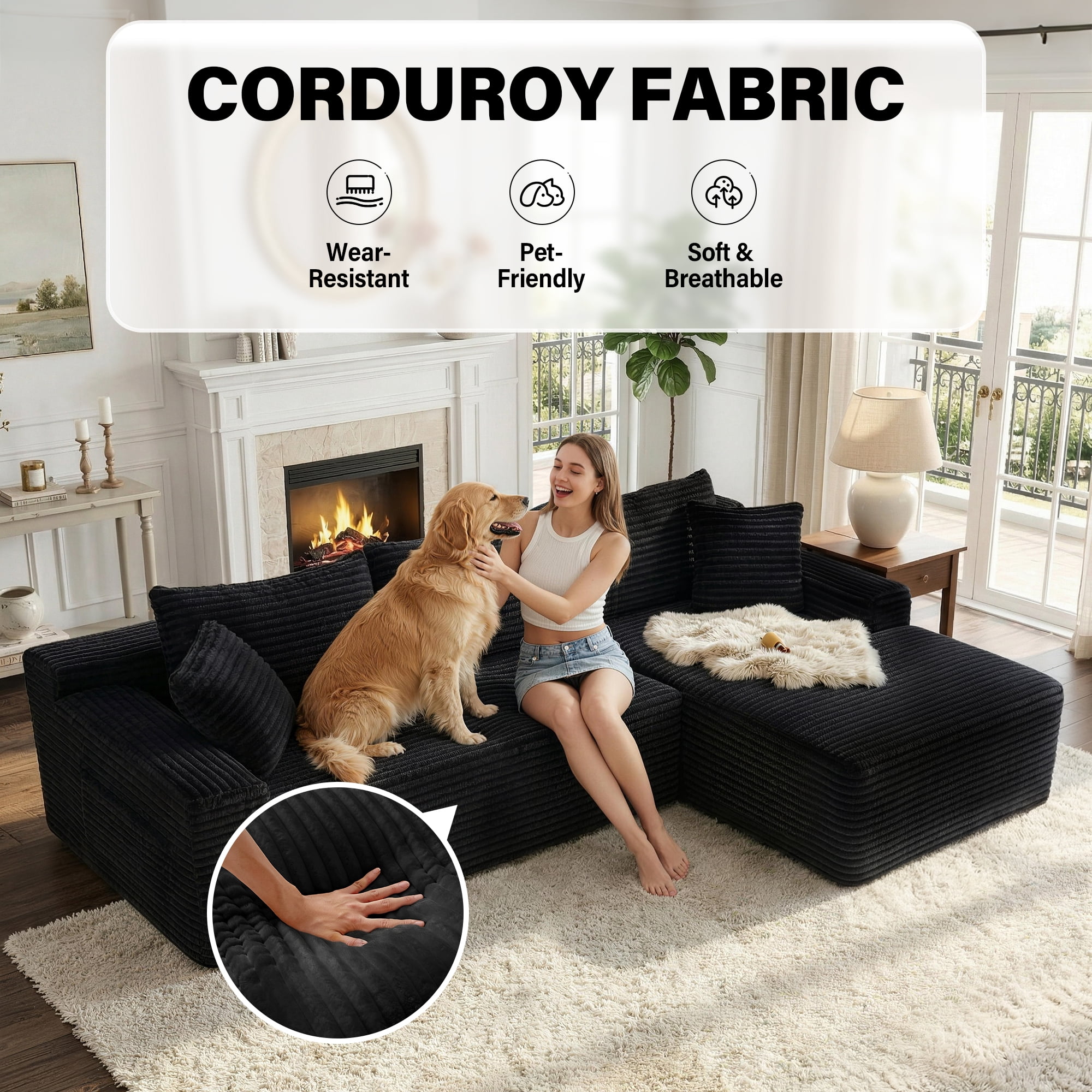 Aukfa 96" L-Shaped Cloud Sectional Sofa, Modular Boneless Couch with Deep Seat&Right-Facing Chaise for Living Room, Corduroy, Black