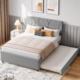 thumbnail image 1 of Full Size Bed Frame with Trundle, Upholstered Platform Bed Frame with Headboard, Trundle Bed Twin, Wood Slat Support, for Bedroom, Living Room, Guest Room, 1 of 7
