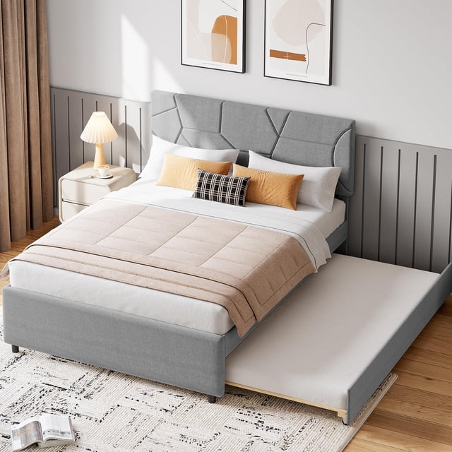 Full Size Bed Frame with Trundle, Upholstered Platform Bed Frame with Headboard, Trundle Bed Twin, Wood Slat Support, for Bedroom, Living Room, Guest Room