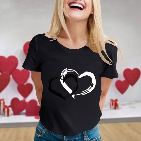 Holiday Shirts For Women Heart Print Lightweight Crew Neck Classic T Shirt Casual Comfortable Comfy Soft Blouses Vacation Clothes Black M