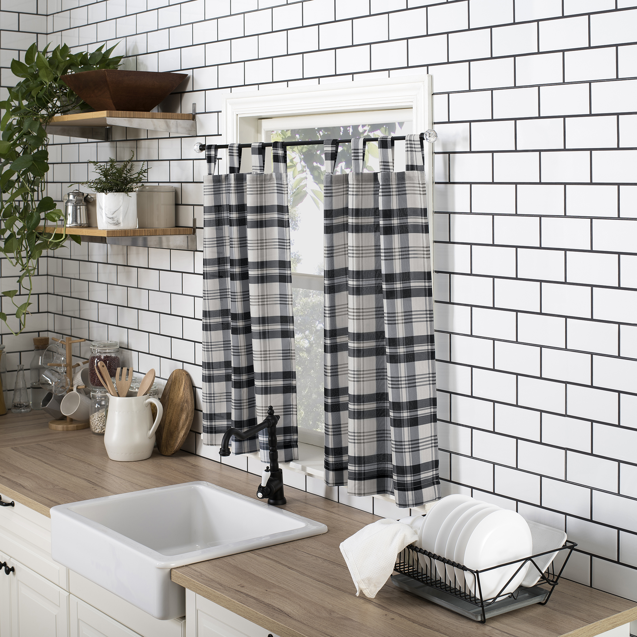 No. 918 Blair Farmhouse Plaid Semi-Sheer Tab Top Kitchen Curtains, 52"x36", Coal