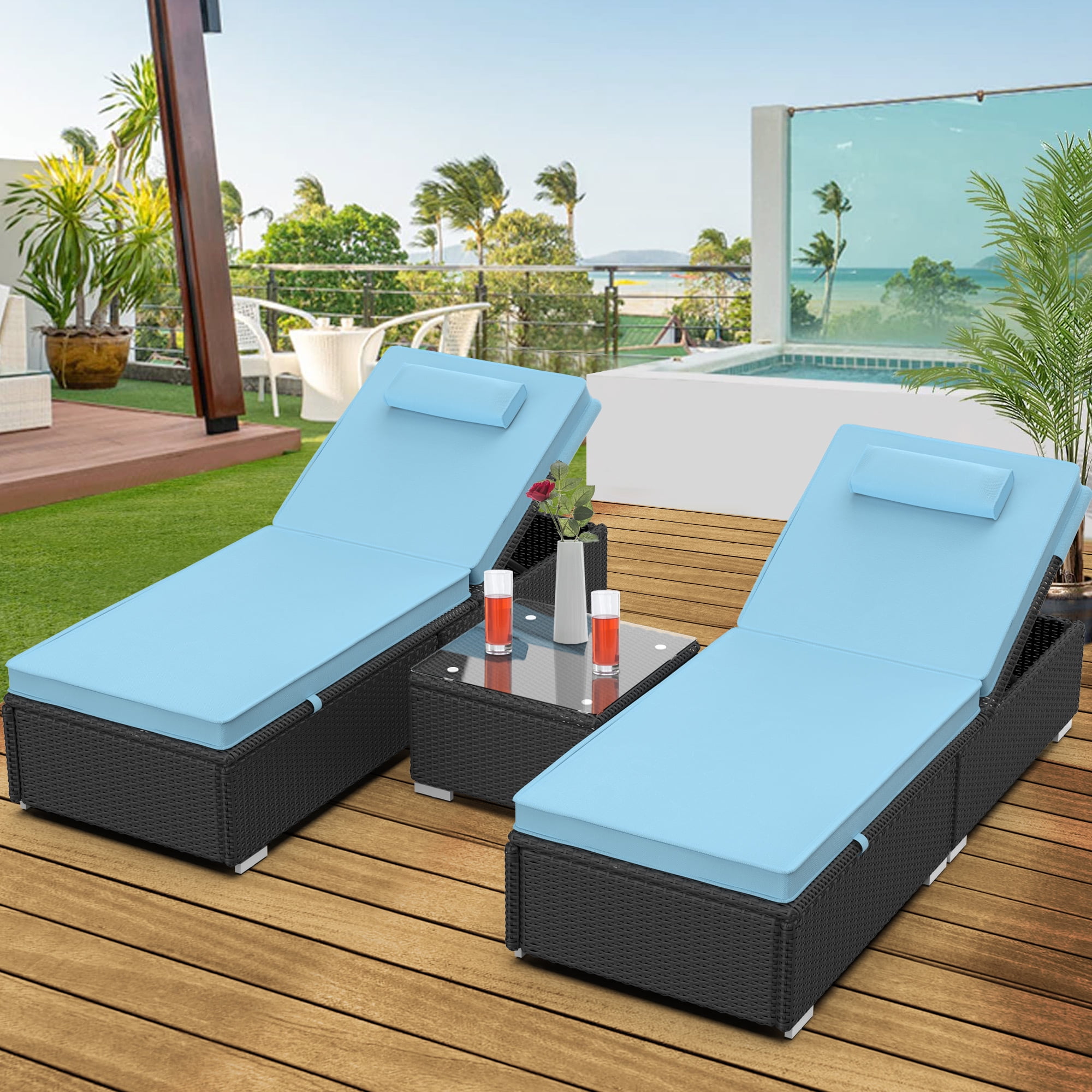 Outdoor PE Wicker Chaise Lounge, SYNGAR 3 Pieces Adjustable Reclining