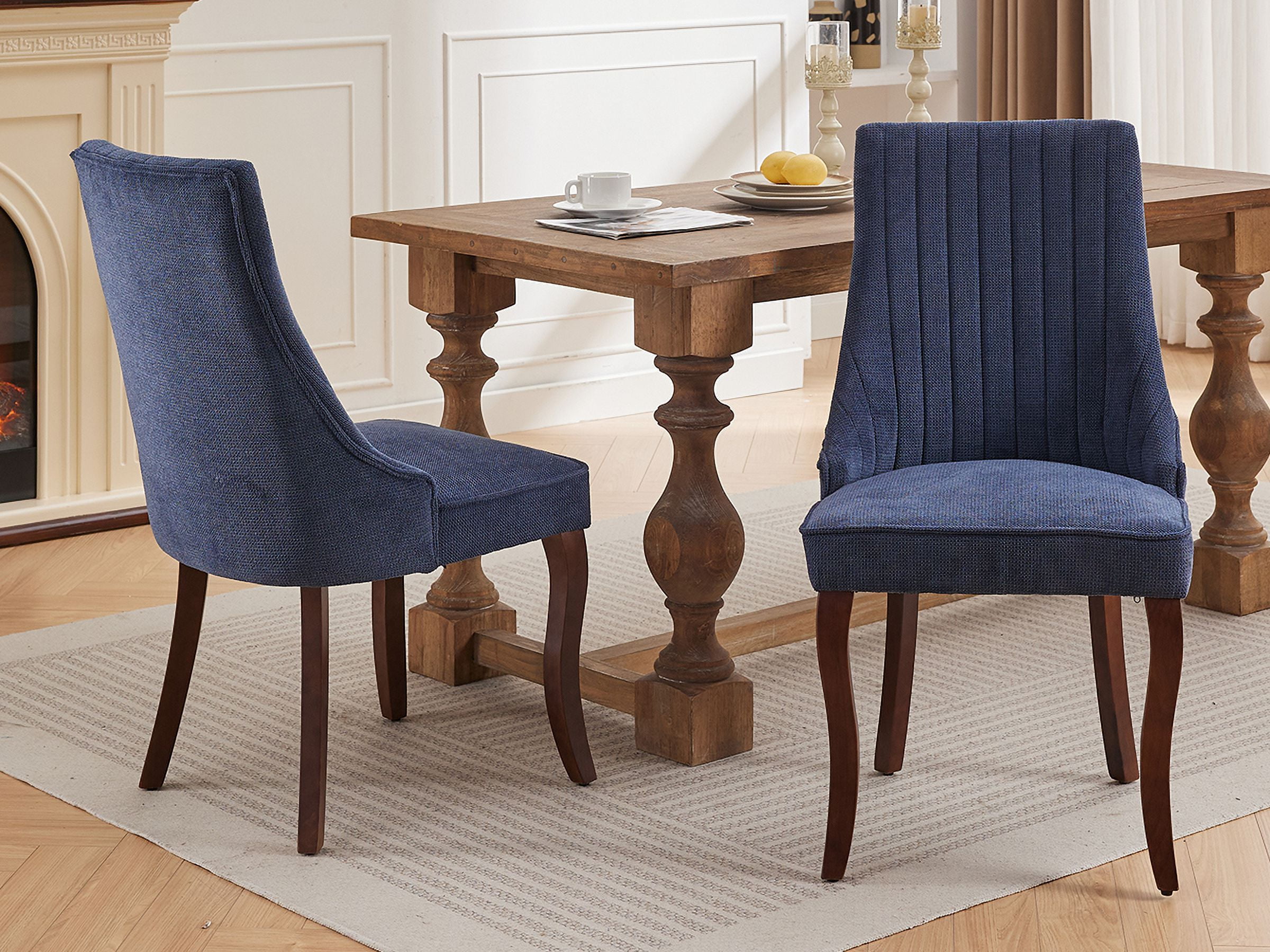 Navy Mid Century Dining Chairs Set of 8, Modern Kitchen & Dining Room Chairs Set of 8, Linen Upholstered Kitchen Chairs, Sillas de Comedor, Wood Legs (Blue, 8 Pcs)