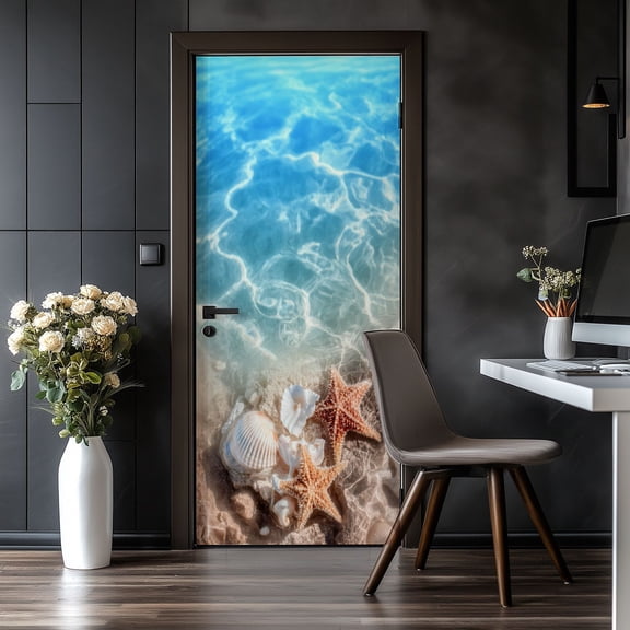 Door Stickers Peel and Stick Door Mural Starfish coral beach sea water Summer Coastal Removable Wallpaper 30.3''x78.7'' Self-Adhesive Mural for Kitchen Living Room Bedroom Decor
